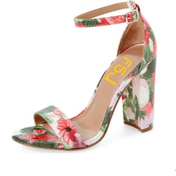 FSJ Shoes - FSJ Flower Open Toe Chunky Heel Floral Heels Ankle
